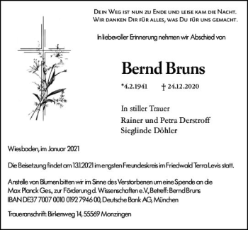 Traueranzeige von Bernd Bruns von vrm-trauer
