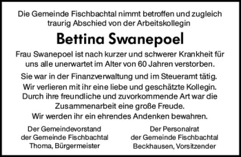 Traueranzeige von Bettina Swanepoel von vrm-trauer