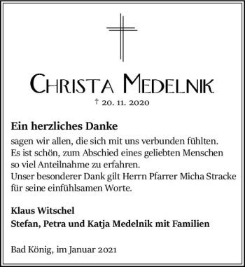 Traueranzeige von Christa Medelnik von vrm-trauer