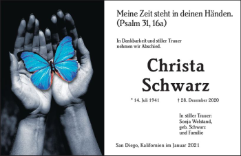 Traueranzeige von Christa Schwarz von vrm-trauer