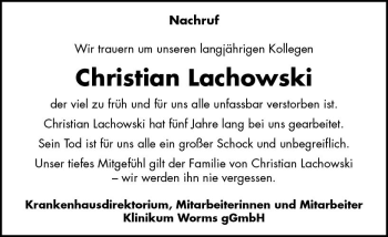 Traueranzeige von Christian Lachowski von vrm-trauer