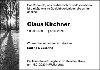 Traueranzeige von Claus Kirchner von vrm-trauer