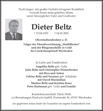 Traueranzeige von Dieter Beltz von vrm-trauer