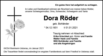 Traueranzeige von Dora Röder von vrm-trauer