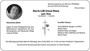Traueranzeige von Doris Lilli Irene Hess von vrm-trauer