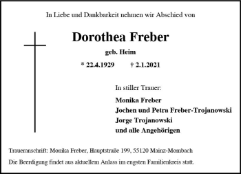 Traueranzeige von Dorothea Freber von vrm-trauer