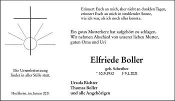 Traueranzeige von Elfriede Boller von vrm-trauer