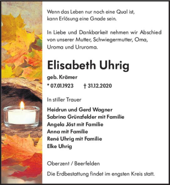Traueranzeige von Elisabeth Uhrig von vrm-trauer