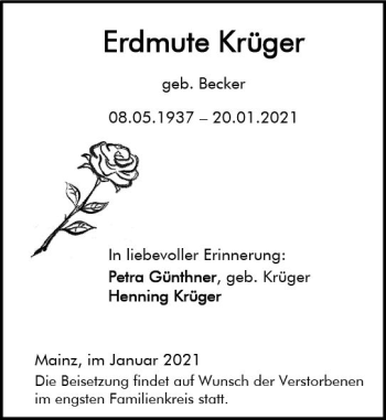 Traueranzeige von Erdmute Krüger von vrm-trauer