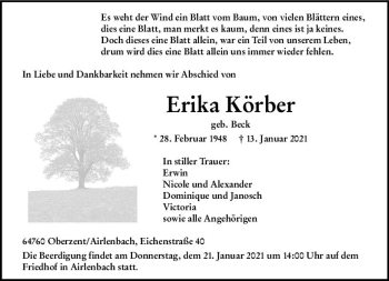 Traueranzeige von Erika Körber von vrm-trauer