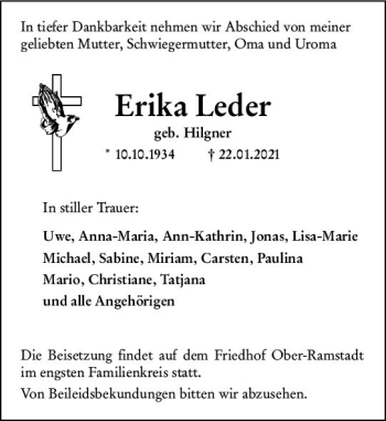 Traueranzeige von Erika Leder von vrm-trauer
