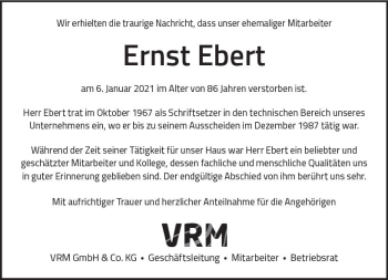 Traueranzeige von Ernst Ebert von vrm-trauer