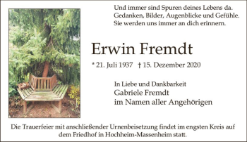 Traueranzeige von Erwin Fremdt von vrm-trauer