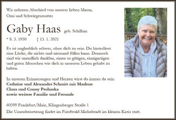 Traueranzeige von Gaby Haas von vrm-trauer