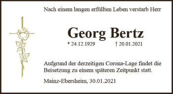 Traueranzeige von Georg Bertz von vrm-trauer