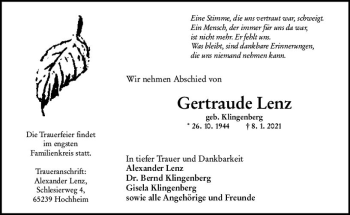 Traueranzeige von Gertraude Lenz von vrm-trauer