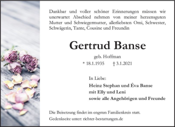 Traueranzeige von Gertrud Banse von vrm-trauer