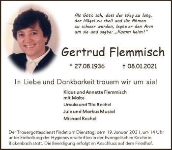 Traueranzeige von Gertrud Flemmisch von vrm-trauer