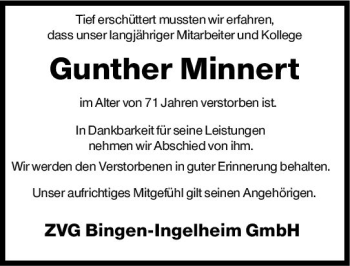 Traueranzeige von Gunther Minnert von vrm-trauer