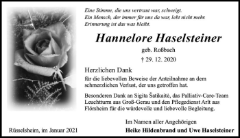 Traueranzeige von Hannelore Haselsteine von vrm-trauer