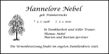 Traueranzeige von Hannelore Nebel von vrm-trauer