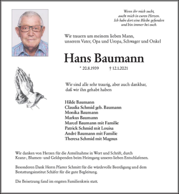 Traueranzeige von Hans Baumann von vrm-trauer