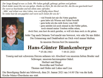 Traueranzeige von Hans-Günter Blankenberger von vrm-trauer