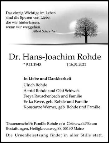 Traueranzeige von Hans-Joachim Rohde von vrm-trauer