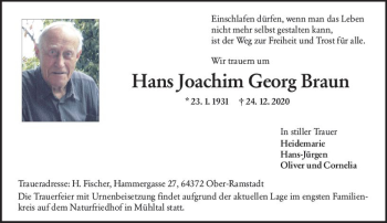 Traueranzeige von Hans Joachim Georg Braun von vrm-trauer