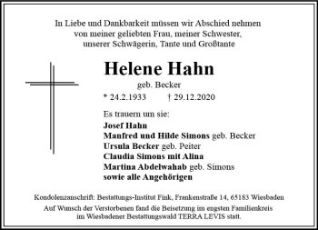 Traueranzeige von Helene Hahn von vrm-trauer