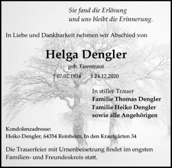 Traueranzeige von Helga Dengler von vrm-trauer