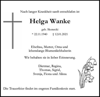 Traueranzeige von Helga Wanke von vrm-trauer