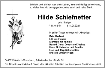 Traueranzeige von Hilde Schiefnetter von vrm-trauer