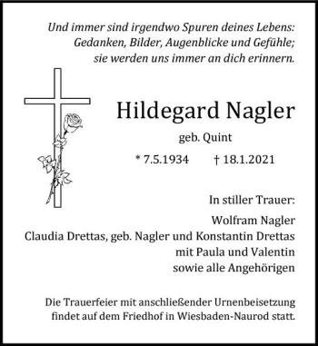 Traueranzeige von Hildegard Nagler von vrm-trauer