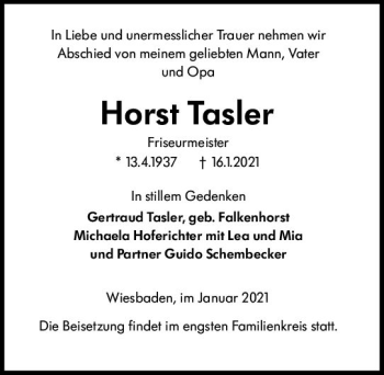 Traueranzeige von Horst Tasler von vrm-trauer