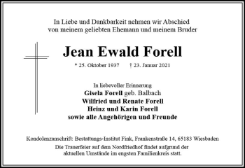 Traueranzeige von Jean Ewald Forell von vrm-trauer