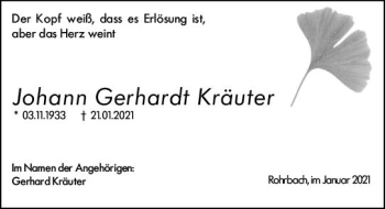 Traueranzeige von Johann Gerhardt Kräuter von vrm-trauer