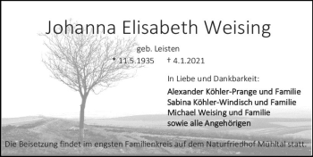 Traueranzeige von Johanna Elisabeth Weising von vrm-trauer