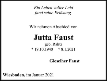 Traueranzeige von Jutta Faust von vrm-trauer