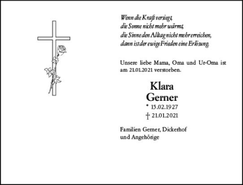 Traueranzeige von Klara Gerner von vrm-trauer