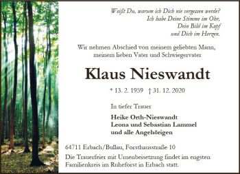 Traueranzeige von Klaus Nieswandt von vrm-trauer