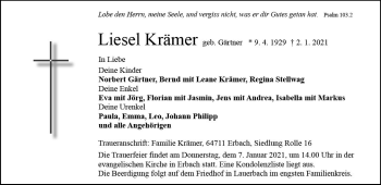 Traueranzeige von Liesel Krämer von vrm-trauer