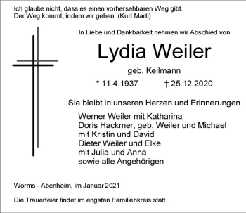 Traueranzeige von Lydia Weiler von vrm-trauer