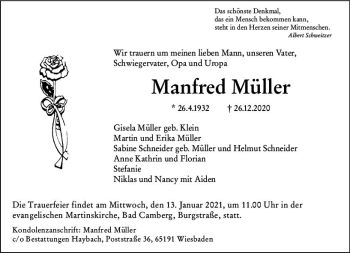 Traueranzeige von Manfred Müller von vrm-trauer