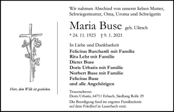 Traueranzeige von Maria Buse von vrm-trauer