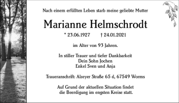 Traueranzeige von Marianne Helmschrodt von vrm-trauer