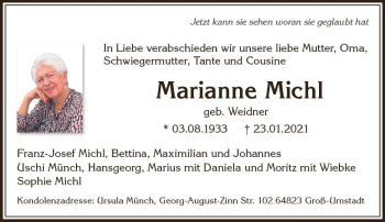 Traueranzeige von Marianne Michl von vrm-trauer