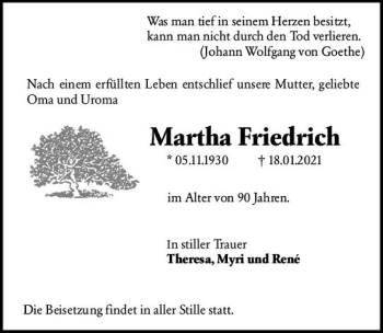 Traueranzeige von Martha Friedrich von vrm-trauer