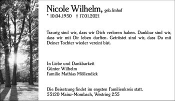 Traueranzeige von Nicole Wilhelm von vrm-trauer