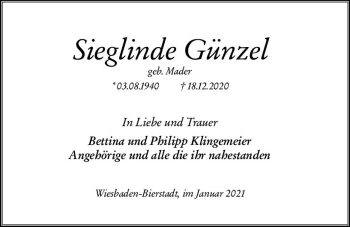 Traueranzeige von Sieglinde Günzel von vrm-trauer